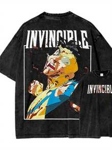 A Men's Washed Streetwear Brand Has Launched An Oversized T-Shirt Featuring Invincible Comic Character Designs And Text.This Casual Outfit Is An Ideal Choice For Everyday Wear, Featuring Prints On Both The Front And Back.It Is A Vintage Heavyweight T-Shirt.Valentine's Day - 黑色 - 查看 6