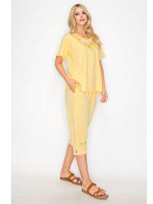 Women Short Sleeves Embroidered Cotton Blend Lounge Wear  Sets - Yellow - View 4