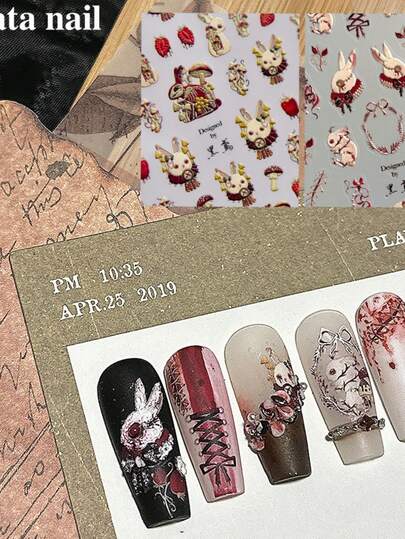 1pc Thorns Rose Bloody Bunny 5D Embossed Reliefs Self Adhesive Nail Art Stickers Dark Style 3D Nail Decorations Decals Wholesale