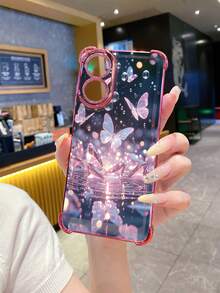 1个镶钻亮片蝴蝶图案防撞电镀摄像头保护手机壳，UV印刷，适用于三星Galaxy/////安卓机型 - 粉色 - 查看 3