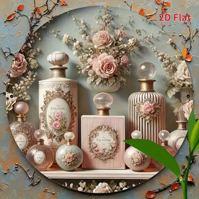 1pc 2D Flat Printed, Integrated (Beautiful Bottle Series) Wall Art, Classic Charming Round Wooden Decor, Suitable For Home, Cafe, Restaurant, Garage, Unique Indoor/Outdoor (8"X8") Wall Decoration, Room Decor, Pre-Drilled Holes As Shown In Size