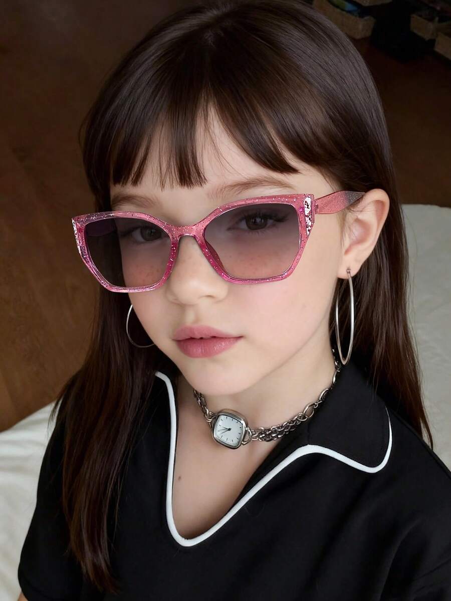 1 pieza Gafas de moda para niñas de 4 a 8 años, con marco de purpurina, material de policarbonato ligero, para uso diario y playa de verano con estuche - Multicolor - Ver 1