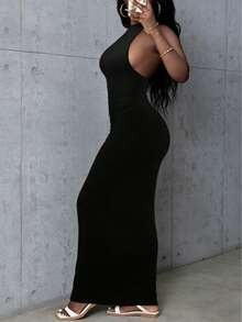 LovelyWholesale Women's Sexy Elegant Spaghetti Strap Backless Solid Color Slim Fit Dress, Summer Party Black - Black - View 6