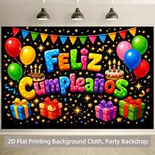 1pc 2D Flat Colorful Balloon & Text Spanish Birthday Banner, Made Of Polyester Fabric. Suitable For Living Room, Bedroom, Office, Birthday, Anniversary, Home Decor, Outdoor & Indoor Party, Photography Backdrop, Birthday Party Supplies And Holiday Gift - A - View 4