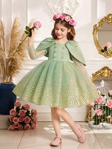 Young Girls' Square Neck Long Sleeve Foil Mesh Satin Elegant Ball Gown Dress, Suitable For Formal Dinner, Runway, Evening Party, Excluding Headband - Green - View 2