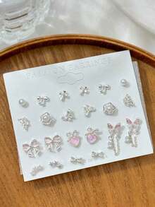11 Pairs Cat's Eye Stud Earrings Set With Shallow-Colored Bow, Glitter Pink Earrings, Zinc Alloy Rhinestone Earrings, Fashionable & Suitable For Daily Wear, A Gift For Girlfriend - Hồng - Xem 5