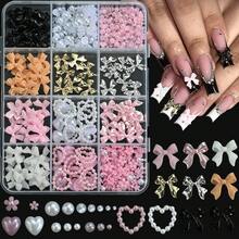 12-Compartment Box Mixed Resin Faux Pearl Bow, Nail Gems, Nail Charms, Floral Decor, Heart Shape, Assorted Styles Nail Art Accessories, Shiny Decorations, DIY Manicure Supplies, Multi-Purpose Embellishments For Nail Design, Salon And Home Daily Nail Art Creation - Nhiều màu - Xem 2