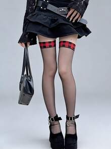 1 Pair Sheer Thigh High Stockings, Leopard Print Sexy Goth Sheer Tights, Red Plaid Trim Thigh High Socks, Punk Rock Cute Y2K Aesthetic - Multicolor - View 5