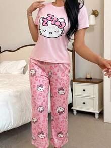 SANRIO 两件套 Hello Kitty 图案女士睡衣套装，柔软短袖上衣和长裤，可爱舒适的家居服 - 粉色 - 查看 2