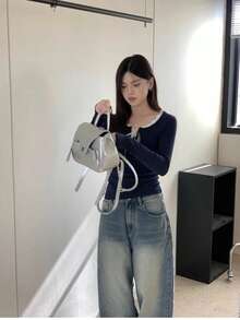 新款女士极简修身花卉拼接长袖T恤，贴身打底衫 - 藍色 - 查看 5