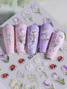 2片/套 5D立体郁金香雏菊春季花卉美甲贴纸，自粘式3D花叶植物图案美甲装饰，可爱日式美甲沙龙DIY配件 - 彩色 - 查看 5