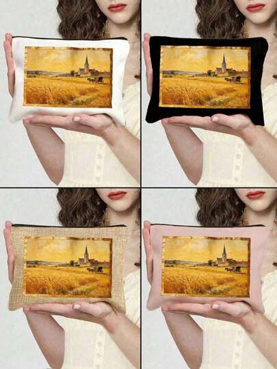 复古油画风格金色麦田印花化妆包，乡村教堂和马车印花化妆袋，耐用时尚，方便的拉链封口，送给女朋友、姐妹的最佳礼物，便携式化妆包，学生铅笔盒，化妆品礼品袋，拉链袋，旅行包，零食袋，洗漱包，收纳手拿包