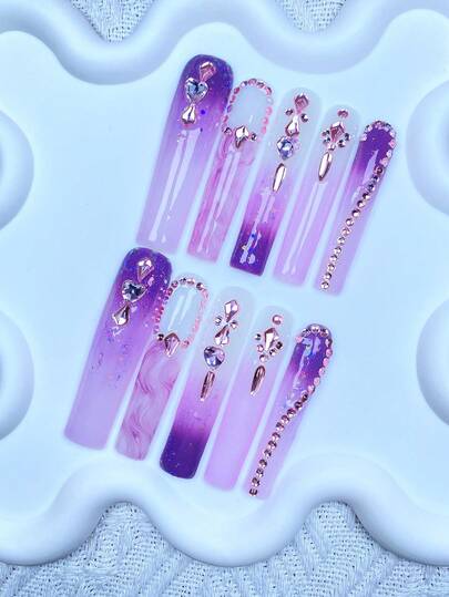 10pcs Y2K Extra Long French Press On Nails Full Coverage Fake Nail Handmade Press On Nails With 3D Shiny Rhinestone Decoration, ,Perfect For Weddings, Parties, Valentine's Day, Birthdays, Christmas Gifts,Supremely Fit Reusable Nail Art,1pc Jelly Gel/1pc Mini Rubbing Strips ,Detachable Press On Nails Set,Suitable For Ladies And Girls For Holiday Parties And Daily Wear,Nail Products