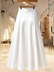 A Lady's A-Line, Long-Sleeved, Satin-Textured Semi-Sheath Skirt In An Elegant Taffeta Fabric, Off-White Color, Suitable For Casual Wear. - White - View 3