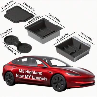 2025 Upgraded 4-Piece Center Console Storage Box Set Compatible With Tesla (2024-2025) Highland And New Model Y, Including Console Organizer, Armrest Box, Hidden Storage Box, Cup Holder, Black