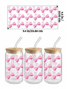 4 miếng dán chuyển nhiệt UV DTF cho cốc thủy tinh 16oz (9.4x4.3 inch), không cần nhiệt, họa tiết nơ hồng dễ thương, trái tim anh đào, phong cách tươi mới, chống thấm nước, tự dính, thích hợp cho cốc Libbey, quà tặng DIY cho bé gái. - Coquette 03 - Xem 6