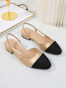 2026新款加大码女士后系带凉鞋，平底方头真皮鞋，百搭法式优雅低跟混色中跟经典复古风鞋款 - 金色 - 查看 22