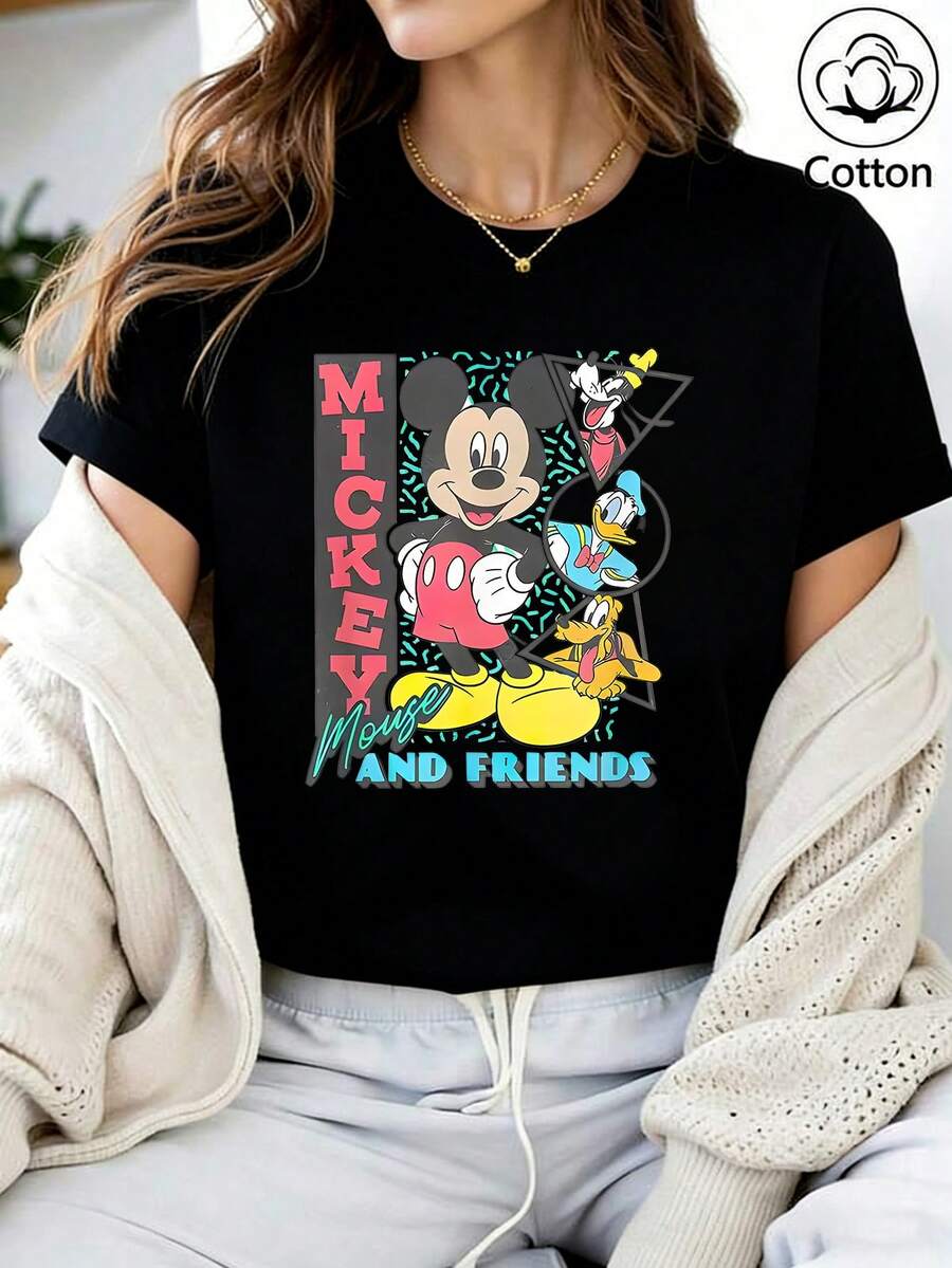 Disney Loose Fit "MICKEY MOUSE AND FRIENDS" Geometric Style Mickey And Partner Printed T-Shirt, Suitable For Summer And Spring, Short Sleeved Tops, Women's Clothing, Holiday Gift Party Clothing. - màu đen - Xem 1