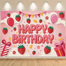1pc 2D Flat Strawberry Balloon And Banner Birthday Party Decor, With "Happy Birthday" Text, Perfect For Home, Garden, Strawberry Themed Party, Indoor And Outdoor Decoration, Holiday Design, Birthday Party, Photo Backdrop Decoration - View 3