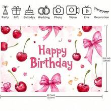 1件可愛櫻桃女孩生日背景布，粉色蝴蝶結與可愛水果元素，適用於攝影、生日慶祝、節日裝飾、室內/室外佈置、洗禮、週年紀念，派對企劃者的完美禮物 - 查看 3