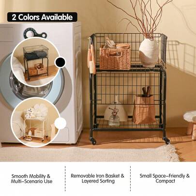 Cesta de ropa sucia con ruedas y capa extraíble - Organización y almacenamiento para la lavandería, cesta de clasificación de ropa móvil, se puede usar como carrito móvil de almacenamiento de aperitivos para el dormitorio/sala de estar, adecuado para baño, balcón, apartamento y otros espacios pequeños - Negro