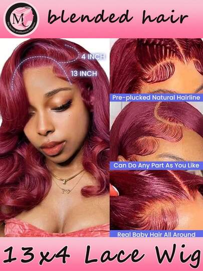 混合发丝由真人头发与合成纤维和蛋白质丝混合制成。短款自然波浪假发，无胶短款波浪波波头假发，13x4蕾丝前额侧分蓬松波浪假发，女士齐肩卷发合成假发，蕾丝分缝，180%密度。