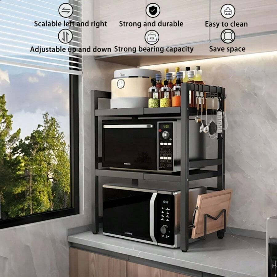 3-Tier Expandable Microwave Oven Rack, Metal Microwave Stand With Hooks, Bread Shelf, Adjustable Kitchen Storage Rack, Black 3-Tier - Multicolor - View 1