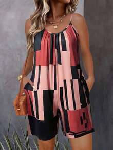 Plus Size Women Fashion Casual Vacation Geometric Pattern Sleeveless Off-Shoulder Pocket Jumpsuit Summer Red - Red - View 1