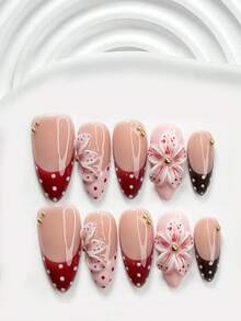 10件套复古优雅树脂美甲套装，包含亚克力美甲贴纸、金属珠、手工五瓣渐变花朵、红白波点、巧克力红指甲油，以及美甲工具（1个果冻贴纸+1个指甲锉）。提供方形、短方形和杏仁形三种形状。适合春夏日常、派对、拍照、通勤等场合。是送给女性和女孩的绝佳礼物。按压式美甲贴片。 - 彩色 - 查看 12