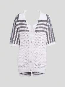 2pcs Striped Pattern Front Button Short Sleeve Shirt & Knit Shorts Set, Suitable For Valentine's Day, Music Festival, Beach Vacation Spring - Multicolor - View 10