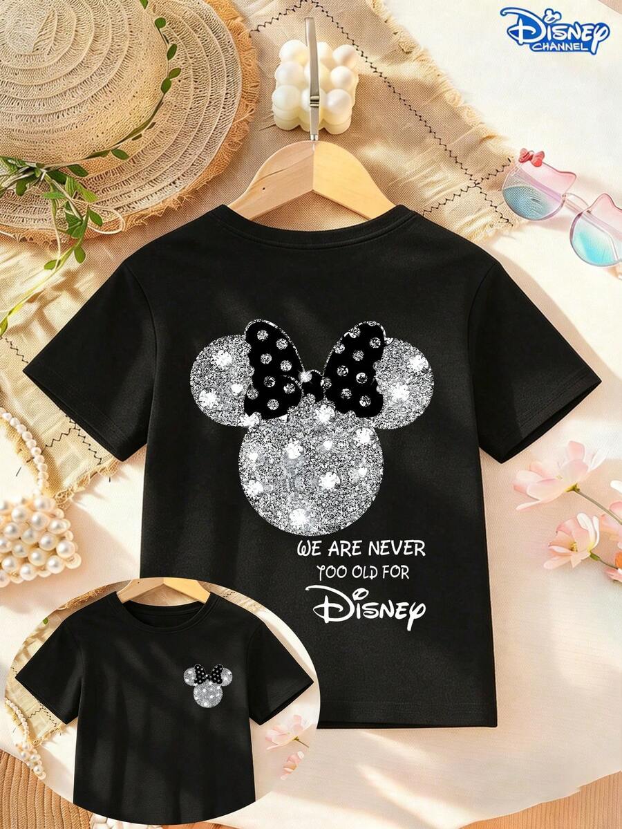 Disney "Never Too Old For Disney" Minnie Mouse Kids T-Shirt, Double-Sided Sparkle Bow Graphic, Casual Crew Neck Short Sleeve Tee, Mommy And Me Outfit, Ideal For Disney Fans & Family Trips - 黑色 - 查看 1