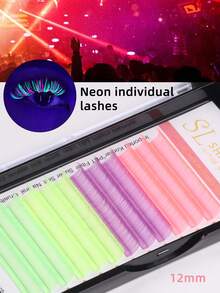 12排混合色彩虹UV霓虹睫毛嫁接，0.07D卷度，12毫米，必须在UV灯下才能发光，霓虹粉、紫、黄、绿、荧光色单根睫毛嫁接托盘，适用于派对、圣帕特里克节等场合。 - D - 查看 3