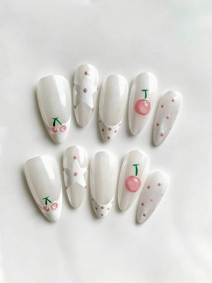 10片纯手工制作美甲贴片，中号杏仁形美甲，粉白配色，清新甜美酷女孩风格，包括乳白色法式、3D小樱桃、手绘星星波点等可爱简约的粉色系美甲贴片，适合女性和女孩，春夏秋冬节日派对及日常佩戴。 - 白色 - 查看 1