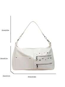 1件装女士铆钉朋克摩托车包设计多口袋单肩包大容量时尚通勤包配2条肩带 - 米色 - 查看 4