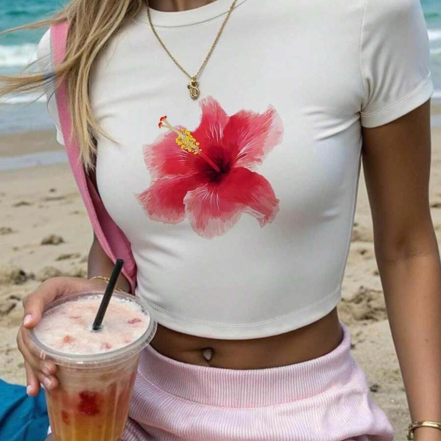 Camiseta Corta Y2K Para Mujer Top Elástico De Manga Corta Con Estampado Floral Y De Letras Textura Suave Lavable A Máquina Cuello Redondo Corte Regular Ropa De Playa Para Todas Las Estaciones Para Vacaciones - White - View 1