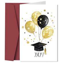 1张趣味毕业贺卡（含信封） - 毕业帽和气球设计，充满温情的毕业祝贺卡，送给亲朋好友的完美礼物，毕业礼物 - A - 查看 1