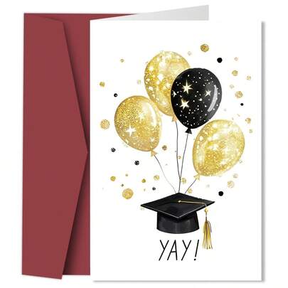 1pc Funny Graduation Greeting Card With Envelope - Graduation Cap & Balloon Design, Sentimental Congratulations Graduation Card, Perfect Gift For Friends & Family, Graduation Gifts