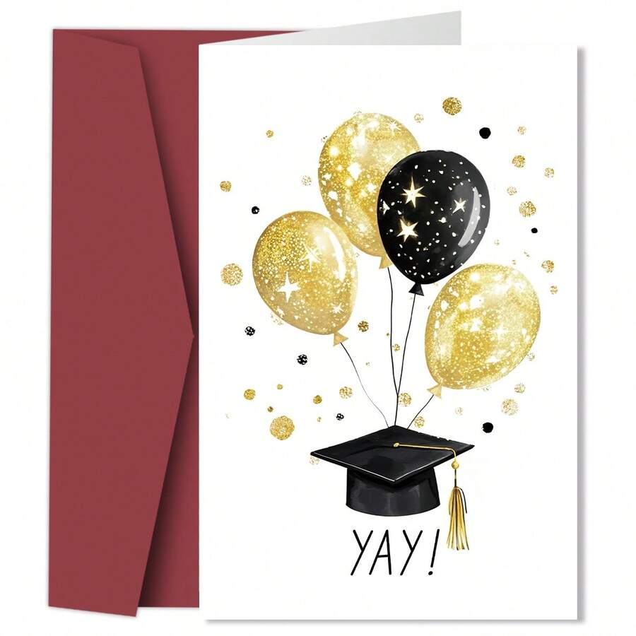 1张趣味毕业贺卡（含信封） - 毕业帽和气球设计，充满温情的毕业祝贺卡，送给亲朋好友的完美礼物，毕业礼物 - A - 查看 1