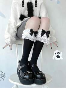 1双洛丽塔多层蕾丝法式过膝袜，白色/黑色蝴蝶结宽松袜，芭蕾舞风格日式校服袜 - 彩色 - 查看 1