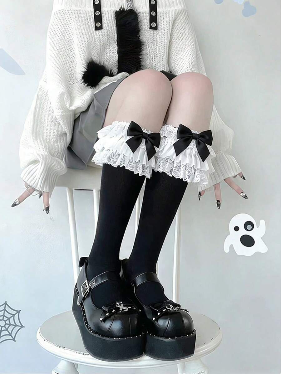 1双洛丽塔多层蕾丝法式过膝袜，白色/黑色蝴蝶结宽松袜，芭蕾舞风格日式校服袜 - 彩色 - 查看 1