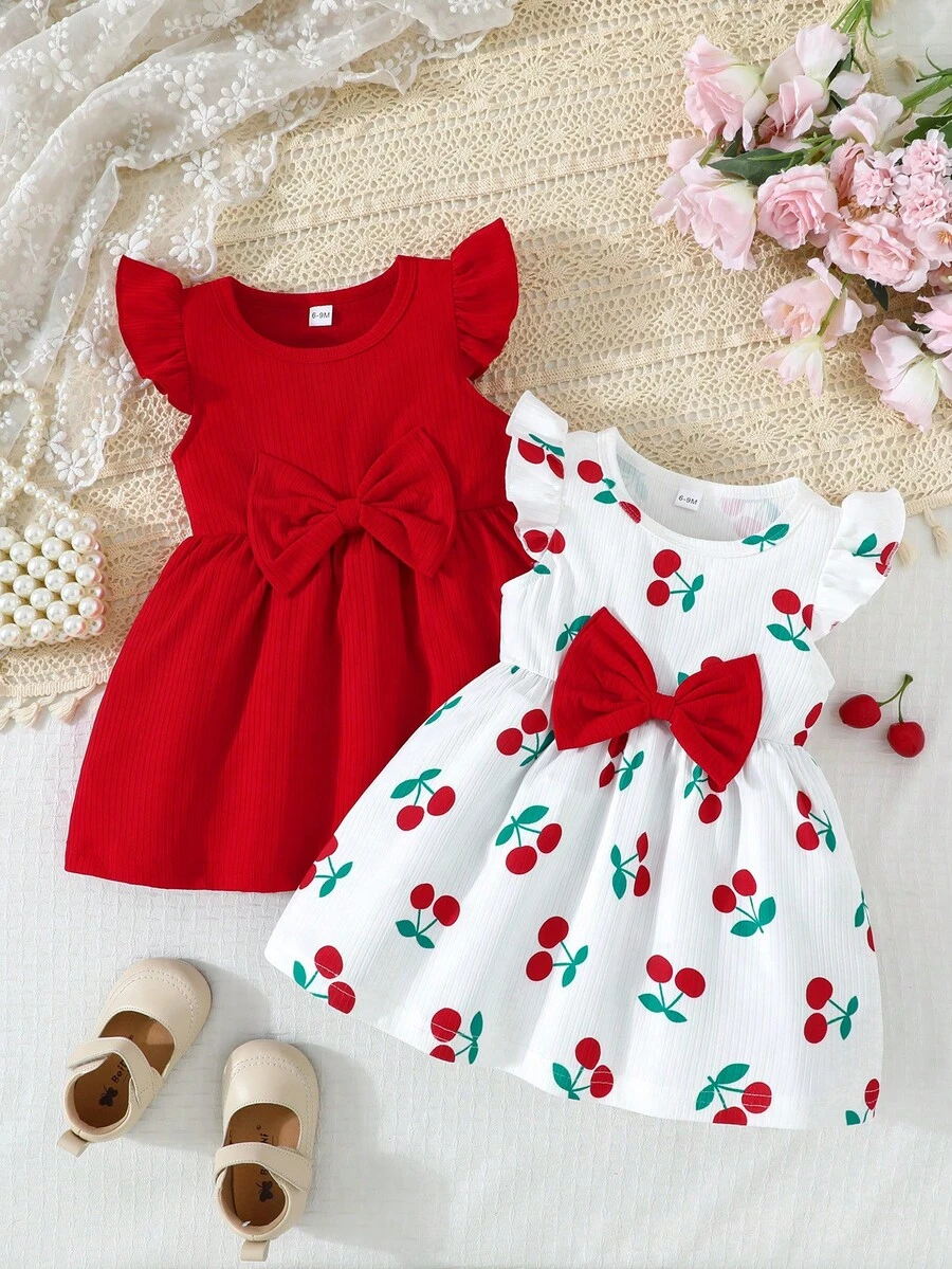 2pcs/Set Toddler Crew Neck Cap Sleeve Butterfly Print & Solid Ribbed Minimalist Cute Outfits, Spring/Summer