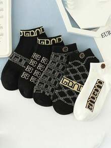 1/5 Pairs Men's Fashionable Low-Cut Socks, Men's Fashion Crew Socks With Classic GG Pattern, Luxury Style Cotton Socks, Breathable And Soft For All Seasons - Multicolor - View 5