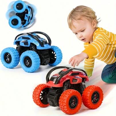 2 Pack Kids Stunt Car Toys, Friction Powered Push And Go Cars For Toddlers 3-6, 360° Rotating Inertia Monster Truck, Summer Outdoor Backyard Play Toy, Birthday Christmas Party Gifts For Boys Girls