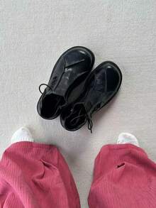 男士圆头德比鞋，褶裥鞋面系带正装鞋，休闲英伦复古乐福鞋，婚鞋，时尚徒步鞋 - 黑色 - 查看 8