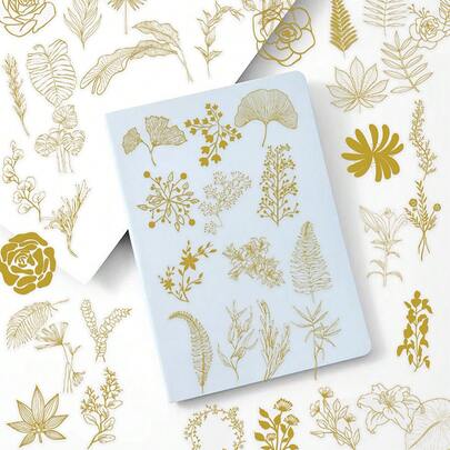 50张精美花卉金箔透明PET材质涂鸦贴纸，适用于行李箱、手机壳、笔记本电脑、头盔、滑板等，防水装饰DIY贴纸