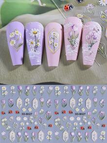 2片/套 5D立体郁金香雏菊春季花卉美甲贴纸，自粘式3D花叶植物图案美甲装饰，可爱日式美甲沙龙DIY配件 - 彩色 - 查看 4