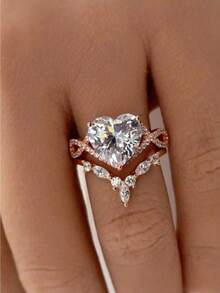 2件套优雅心形玫瑰金戒指套装，女士奢华四季珠宝，完美情人节礼物（无包装盒） - 玫瑰金 - 查看 4