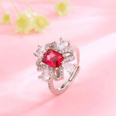 Fashion Daisy Flower Four-Claw Rectangular Red Synthetic Cubic Zirconia Ring, Daily Wear & Gift Jewelry For Women