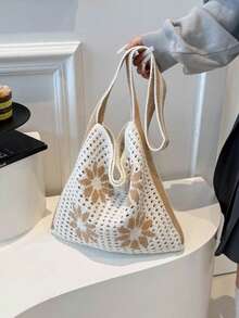 1pc Summer New Women Woven Crossbody Bag, Large Capacity Crochet Bag, Versatile Beach Shoulder Bag, Fashionable Vacation Beach Tote - Khaki - View 11