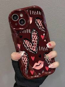 Heart-Shaped Cream Swirl Wave Edge Burgundy Shockproof Thick Printed Phone Case Suitable Compatible With Iphone 17/17 Pro/17 Pro Max, 16 XR/7/8, 15 Pro Max, 12 Pro Max, 13 Pro Max, 14 Pro Max, 13, 14, 11, 12, P11, P12, XS, XR, 7/8, P7/8, GES2 - Multicolor - View 4